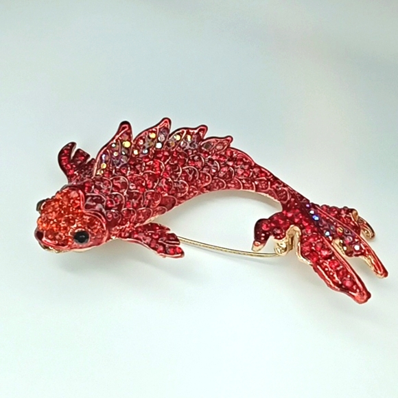 unknown Jewelry - Orange and red Rhinestone koi fish brooch or necklace slide.